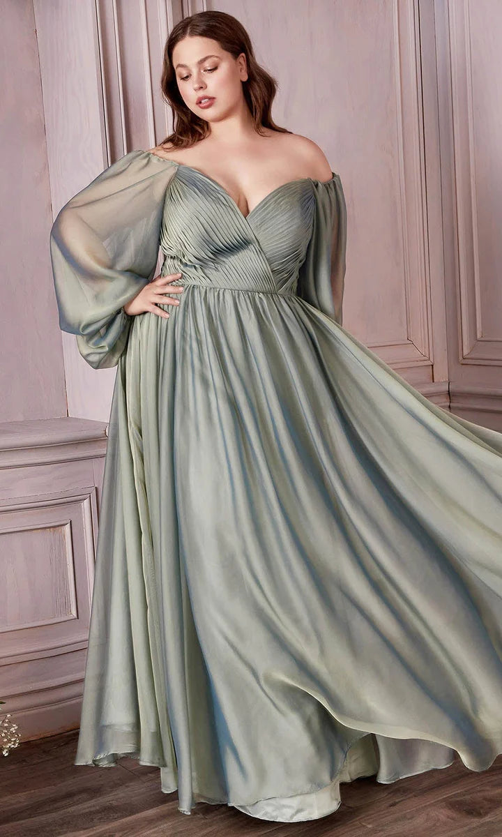 Ladivine CD243 CD243C Long Sleeve Chiffon A Line Formal Dress V Neck Bridesmaid Dress Bridesmaid Be tantalized by the allure of this fascinating Cinderella Divine CD243 creation. Fluttering into an ethereal silhouette, this gown flatters with a sweetheart neckline on a pleat-rendered bodice. Styled with a v-open back and framed with long bishop sleeves, the A-line skirt flutters into a floor grazing hemline with a sweeping train. Be impressed with the captivating style of this Cinderella Divine masterpiece.