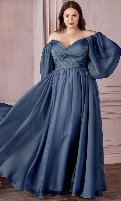 Ladivine CD243 CD243C Long Sleeve Chiffon A Line Formal Dress V Neck Bridesmaid Dress Bridesmaid Be tantalized by the allure of this fascinating Cinderella Divine CD243 creation. Fluttering into an ethereal silhouette, this gown flatters with a sweetheart neckline on a pleat-rendered bodice. Styled with a v-open back and framed with long bishop sleeves, the A-line skirt flutters into a floor grazing hemline with a sweeping train. Be impressed with the captivating style of this Cinderella Divine masterpiece.
