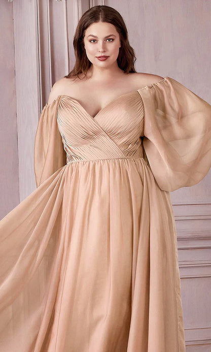 Ladivine CD243 CD243C Long Sleeve Chiffon A Line Formal Dress V Neck Bridesmaid Dress Bridesmaid Be tantalized by the allure of this fascinating Cinderella Divine CD243 creation. Fluttering into an ethereal silhouette, this gown flatters with a sweetheart neckline on a pleat-rendered bodice. Styled with a v-open back and framed with long bishop sleeves, the A-line skirt flutters into a floor grazing hemline with a sweeping train. Be impressed with the captivating style of this Cinderella Divine masterpiece.