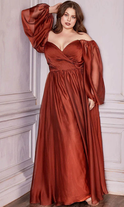 Ladivine CD243 CD243C Long Sleeve Chiffon A Line Formal Dress V Neck Bridesmaid Dress Bridesmaid Be tantalized by the allure of this fascinating Cinderella Divine CD243 creation. Fluttering into an ethereal silhouette, this gown flatters with a sweetheart neckline on a pleat-rendered bodice. Styled with a v-open back and framed with long bishop sleeves, the A-line skirt flutters into a floor grazing hemline with a sweeping train. Be impressed with the captivating style of this Cinderella Divine masterpiece.