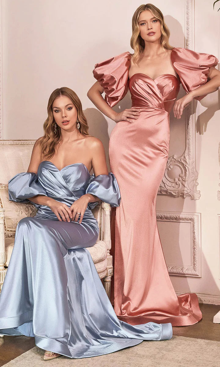 Ladivine CD983 Long Fitted Satin Strapless Puff Sleeve Formal Dress Bridesmaid Evening Gown The Ladivine CD983 is a formal evening gown made of fitted satin. It features a strapless bodice and puff sleeves, giving a sophisticated look and flattering silhouette. Perfect choice for special occasions, from bridesmaids to formal parties.