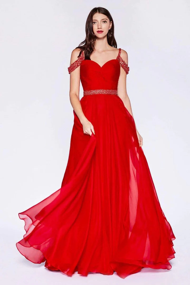 Ladivine P211 Size 4 Red Long A Line Chiffon off the shoulder Beaded Formal Prom Dress Evening Gown V Nek