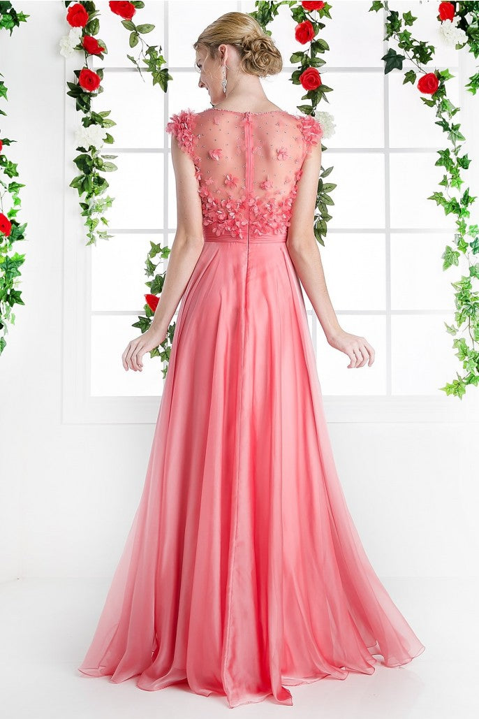 CD 218 Size 4 Long A Line Chiffon Sheer 3d Flower Formal Dress Cap Sleeve Evening Gown
