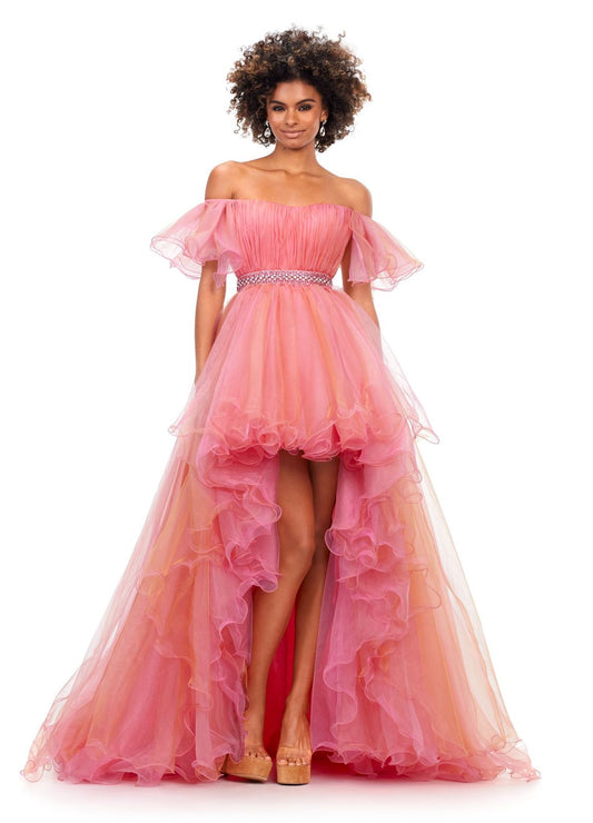 Ashley Lauren 11269 Off Shoulder Organza High Low Prom Dress Ruffles