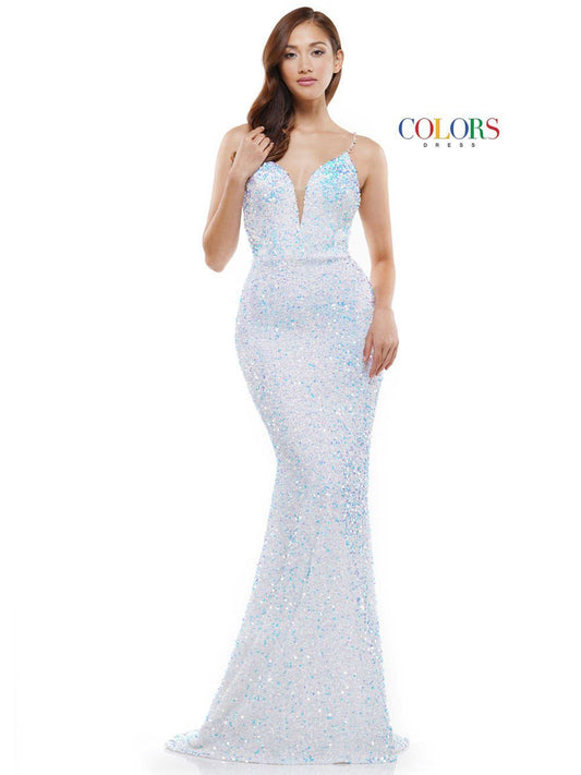 Colors Dress 2459 Long Sequin Backless Prom Dress Formal Pageant Gown Crystal Strap  Available Sizes: 0-16  Available Colors: Hot Pink, Silver, Off White
