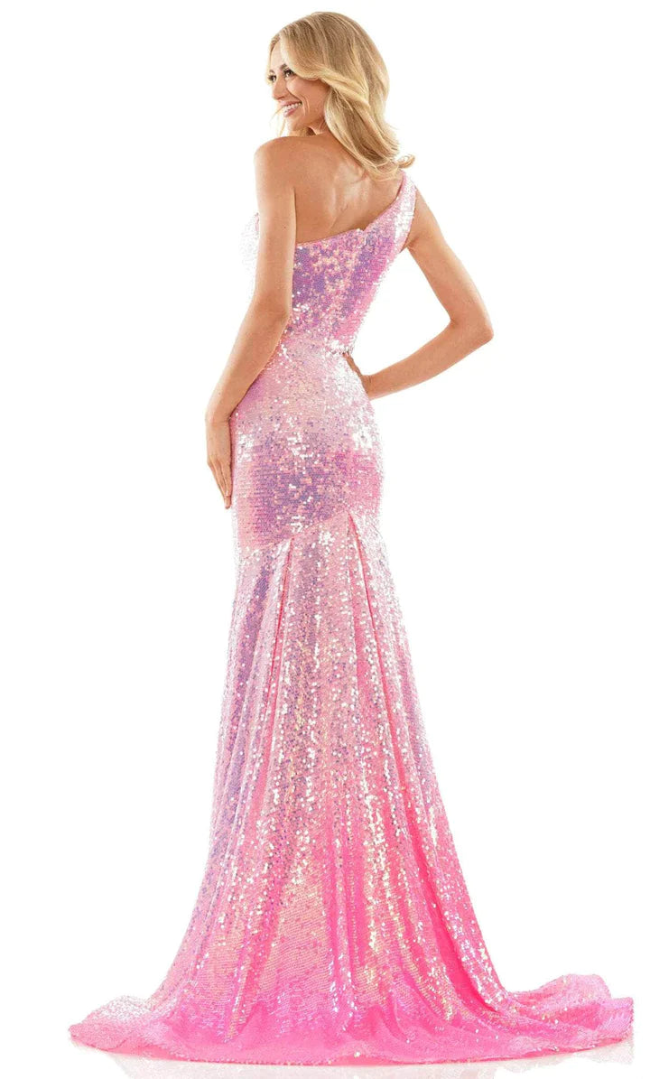 Colors Dress 2984 Long Fitted Iridescent Sequin Ombre One Shoulder Prom Dress Slit Train   Sizes: 0-20  Colors: Lilac, Pink, Purple