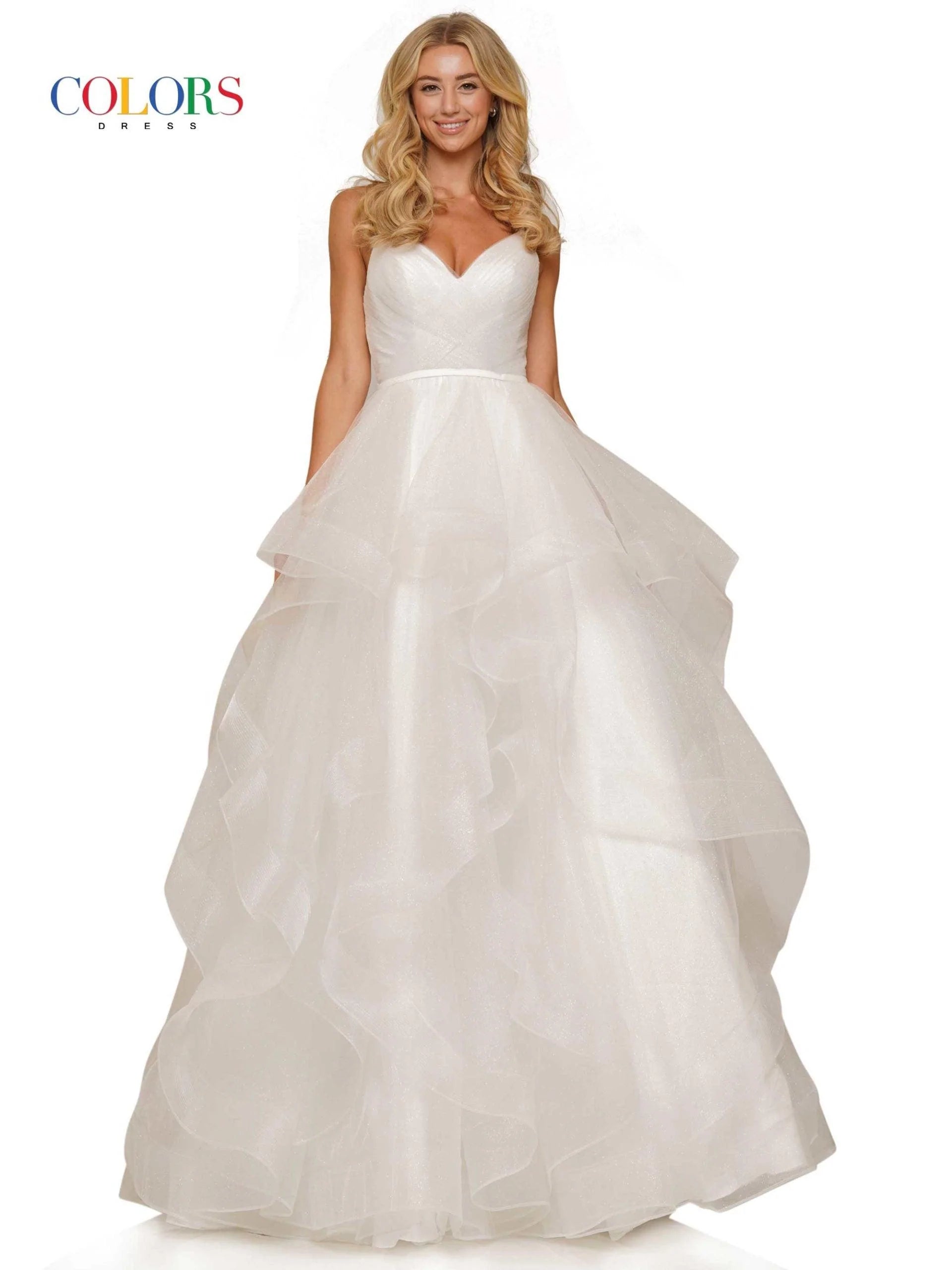 Colors Dress 2381  Off White Prom Dress Ballgown V Neckline Layered Glitter Tulle Pageant Gown