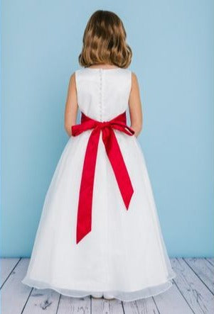 Rosebud Fashions Style 5101 is a sleeveless full length dress with a scoop neckline. Natural waist is accented with a satin sash with self-tying streamers. Satin buttons cover the zipper.  Long High Neck Flower Girl Dress Sash Buttons First Communion.  Available Sizes: 2, 4, 6, 8, 10, 12, 14, 16  Available Colors: White, Ivory