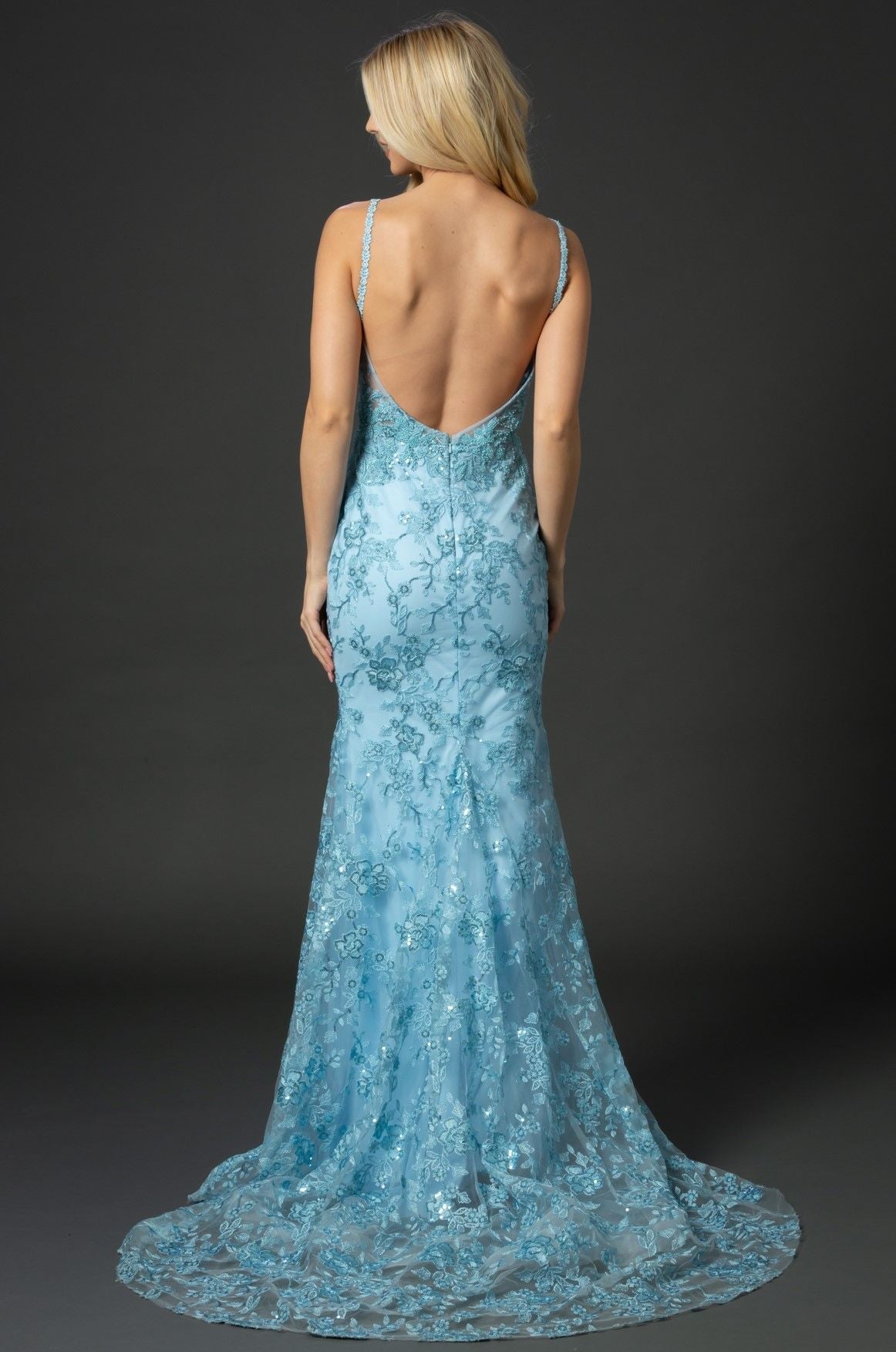 Nina Canacci 6556 Long sheer lace corset fitted bodice with a mermaid skirt and train. Embellished Prom Pageant Gown  Available Size-0-12  Available Color- Ivory, Baby Blue, Raspberry (Mauve)