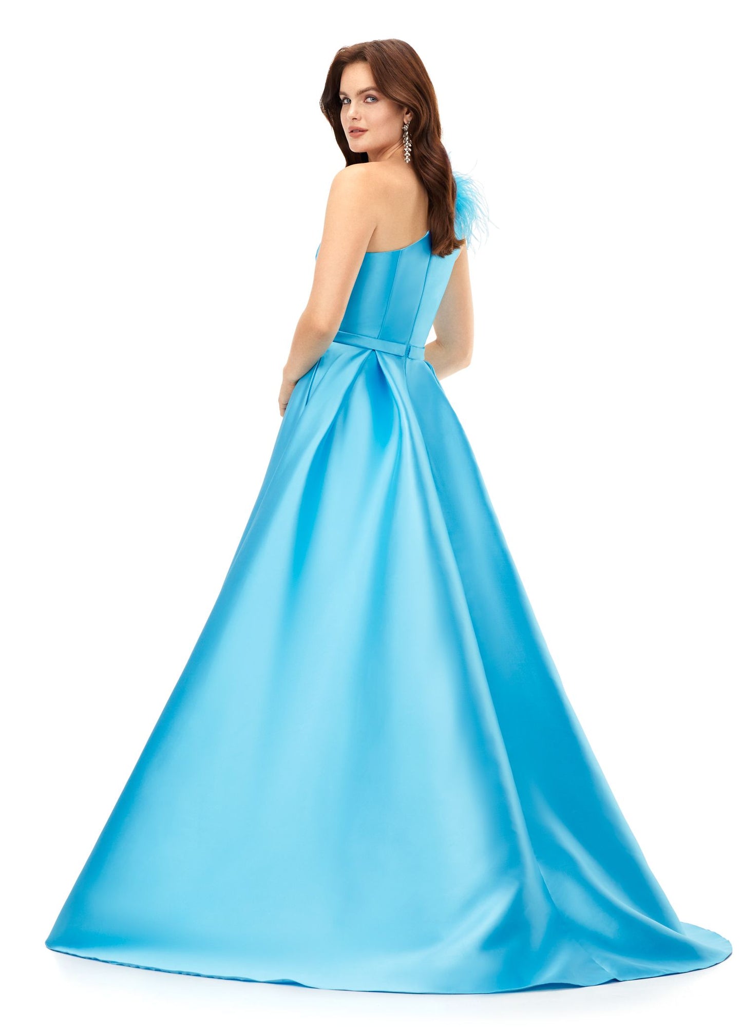 Ashley Lauren 11336 This elegant and sophiscated one shoulder ball gown is sure to make a statement at your next event. The neckline is emebellished with feather details. The a-line skirt completes the look. One Shoulder A-Line Skirt Feather Details Mikado COLORS: Turquoise, Ivory, Red
