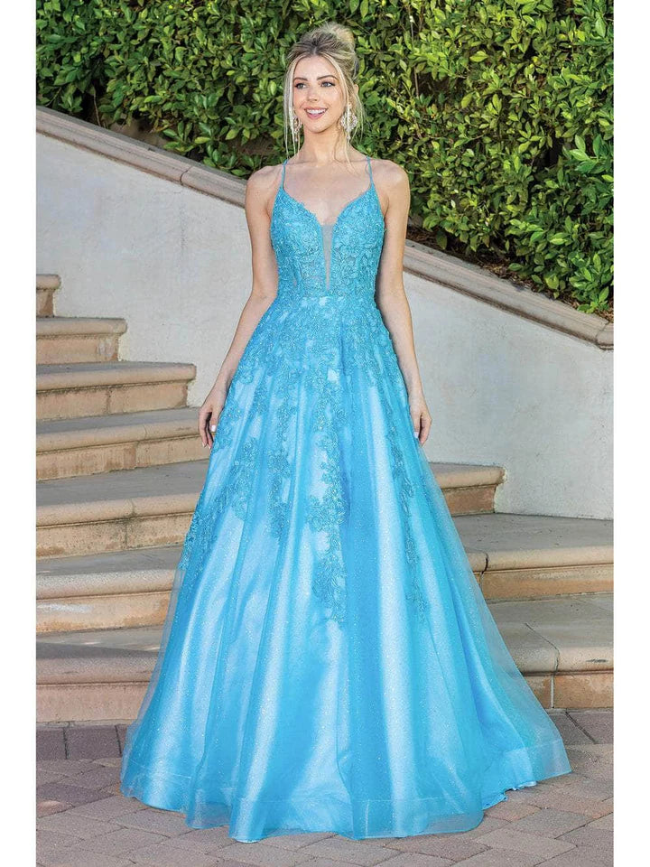 DQ 4231 Long A Line Sheer Shimmer Lace Ball Gown Prom Dress V Neck Corset Formal