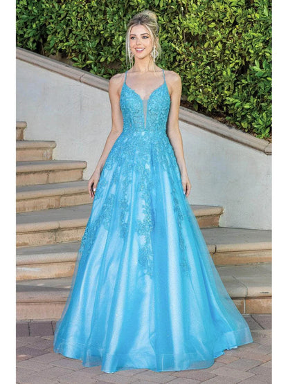 Make a statement in Dancing Queen's 4231 dress. This A-line ball gown is crafted with luxurious sheer shimmer lace and delicate floral beaded motifs, while the plunging V-neckline, spaghetti straps, and lace-up and crisscross design on the back adds a touch of glamour. The skirt cascades down to a sweep train, making this a timelessly alluring look. Available in Bahama Blue and Blush.  Sizes: XS-3XL (Size Chart in Pictures)  Colors: Bahama Blue, Blush
