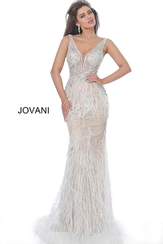 Jovani 03023 Size 18 Off White Sheer Feather Prom Dress Plunging Neck Wedding Gown Pageant Gown