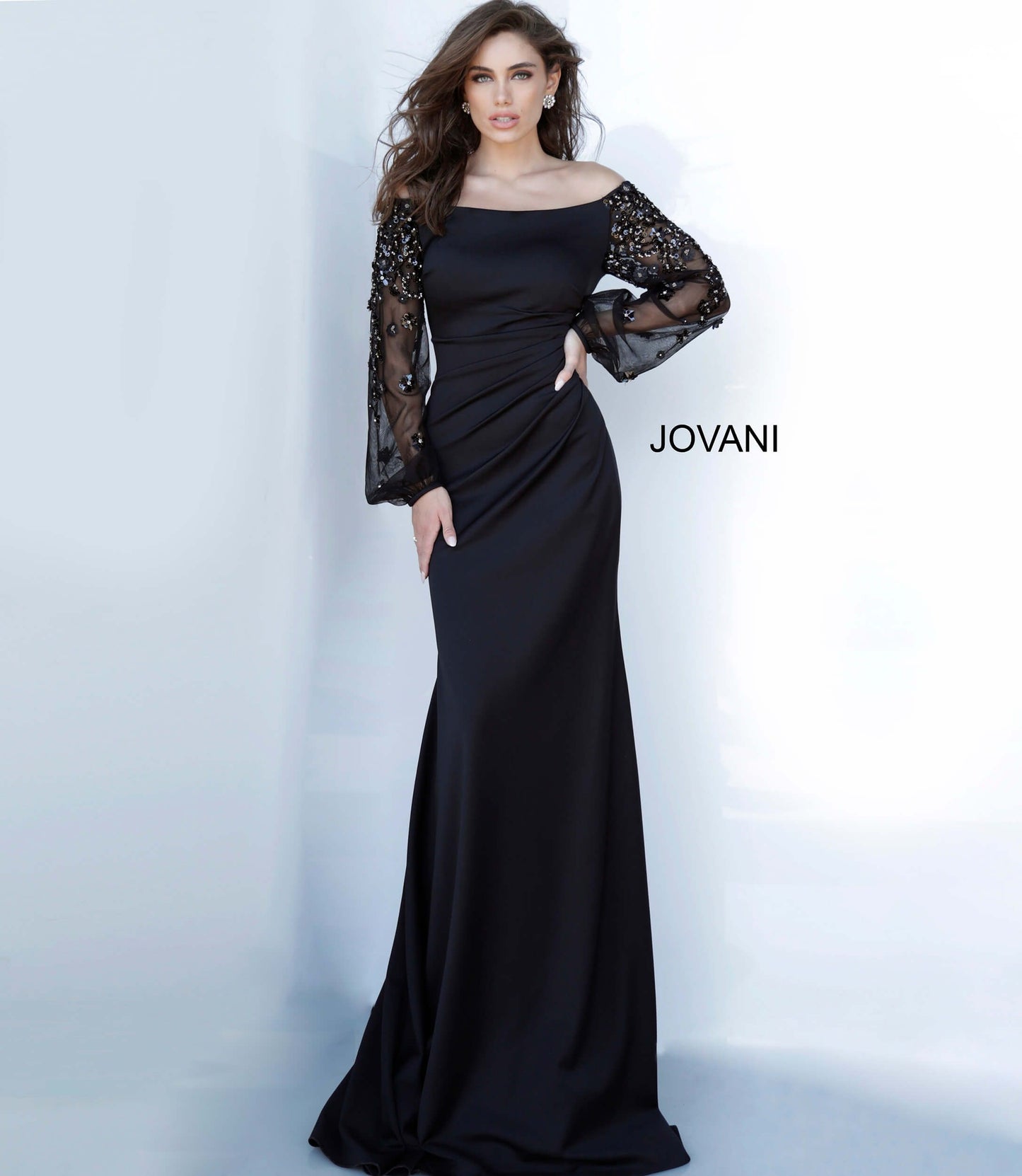 Jovani 1156 off the shoulder long embellished sleeves ruched waistline evening gown  Available colors:  Black  Available sizes:  00-24 