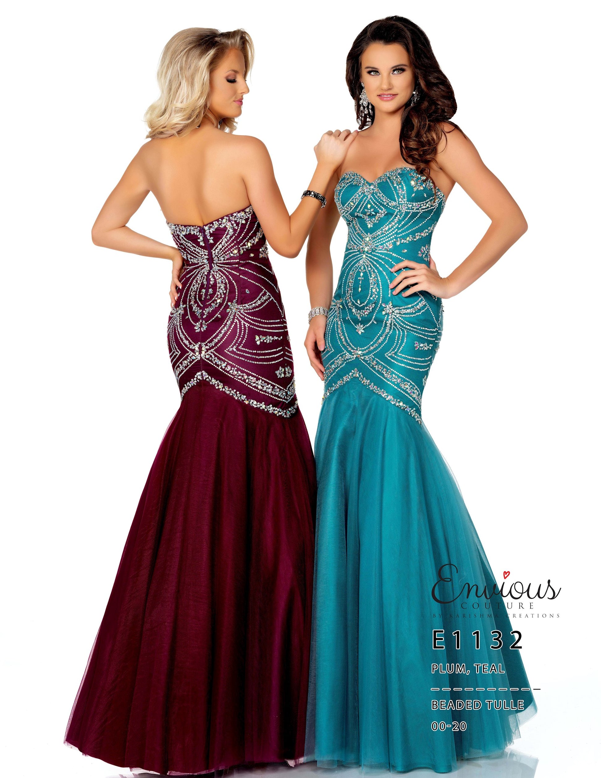 Envious Couture E1132 Teal and Plum Size 2, 14  Strapless mermaid with beaded tulle. Mermaid Silhouette prom dress embellished rhinestone formal gown.  Envious Couture style 1132  Glass Slipper Formals