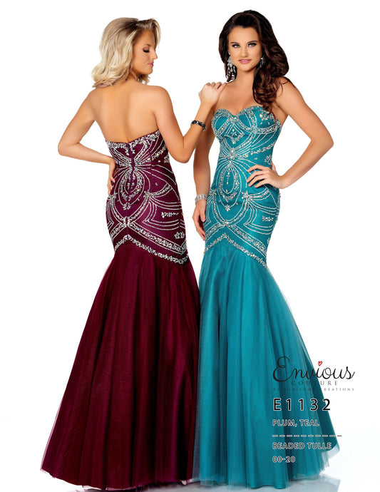 Envious Couture E1132 Teal and Plum Size 2, 14  Strapless mermaid with beaded tulle. Mermaid Silhouette prom dress embellished rhinestone formal gown.  Envious Couture style 1132  Glass Slipper Formals