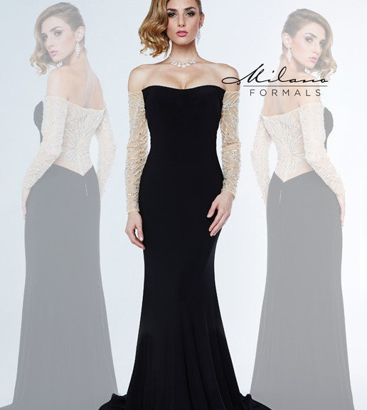 Milano Formals E 1849  Strapless off the shoulder long fitted gown with long sheer embellished sleeves and a sheer embellished back.  This formal evening gown has a sweeping train. Prom Dress Pageant Gown
