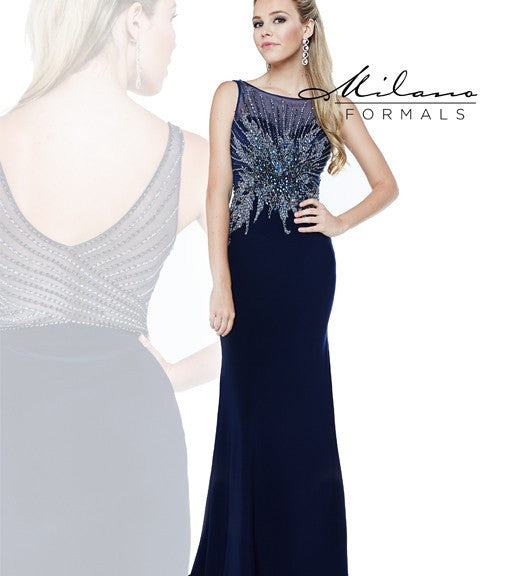 Milano Formals 1862 Size 2, 4 Navy beaded formal Dress Evening Gown high neck