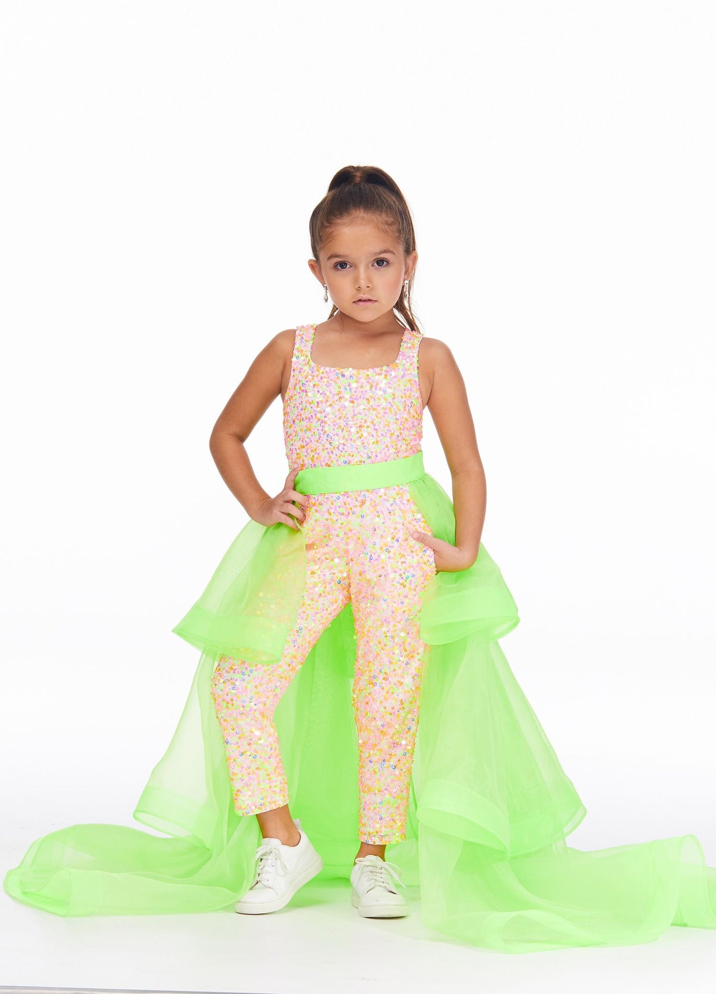 Ashley Lauren 8065 Add a little something extra to your next pageant or special event with an ASHLEYlauren  tiered organza overskirt. The tiers are finished with horsehair.  Colors Neon Green, Hot Pink, Royal, Neon Orange, Black, Fuchsia, Ivory, Red  Sizes 2, 4, 6, 8, 10, 12, 14, 16   Tiered Horsehair Organza Pictured Here with Jumpsuit Style 8048