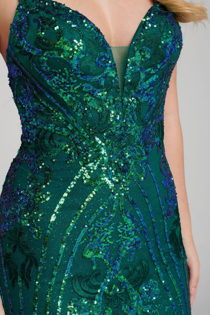 Ellie Wilde EW120028 - EW 120028 Sleeveless sequin lace fit and flare gown with a plunging V-neck, natural waist, criss cross back, horsehair hem and a sweep train. Glittering V-neckline evening gown by Ellie Wilde
