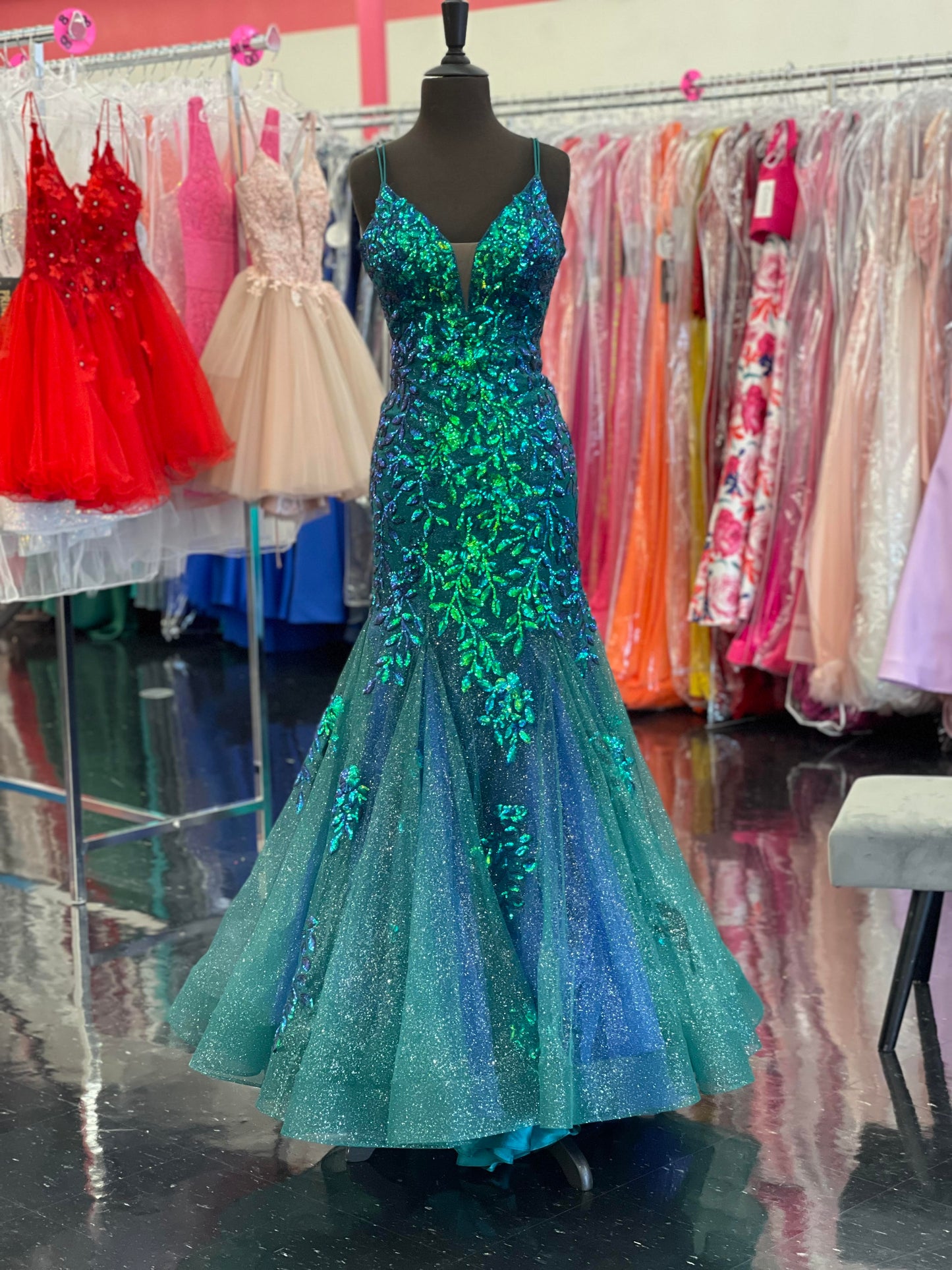 Amarra 87317 Long Embellished Lace Mermaid Prom Dress Backless Formal Gown Emerald