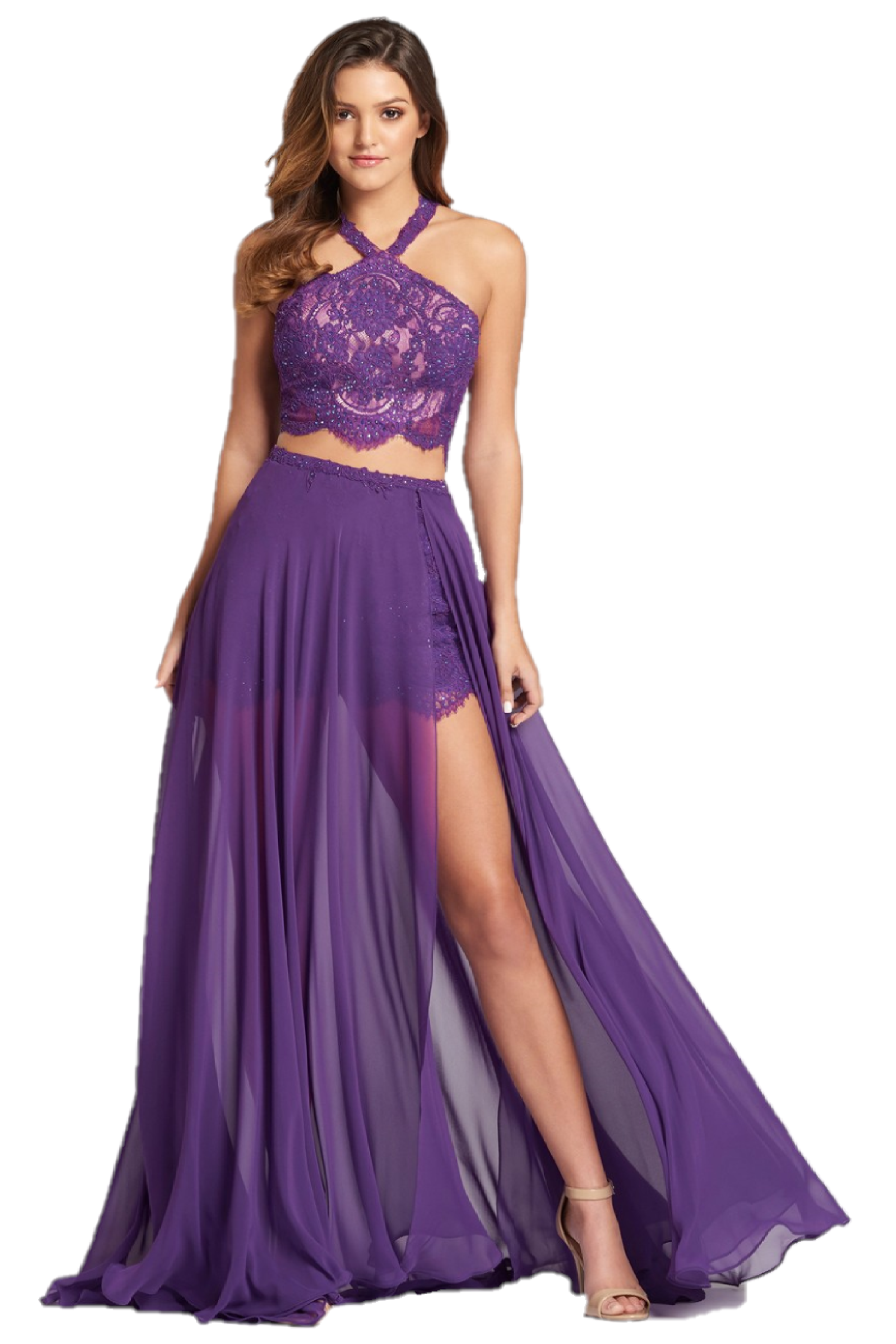 in Stock Ellie Wilde EW118109 Size 2 Purple Short Two Piece Lace Romper Overskirt Formal Dress