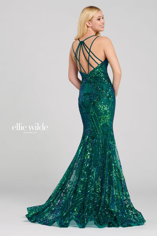 Ellie Wilde EW120028 emerald sequin lace mermaid prom dress with plunging V-neckline and strappy back