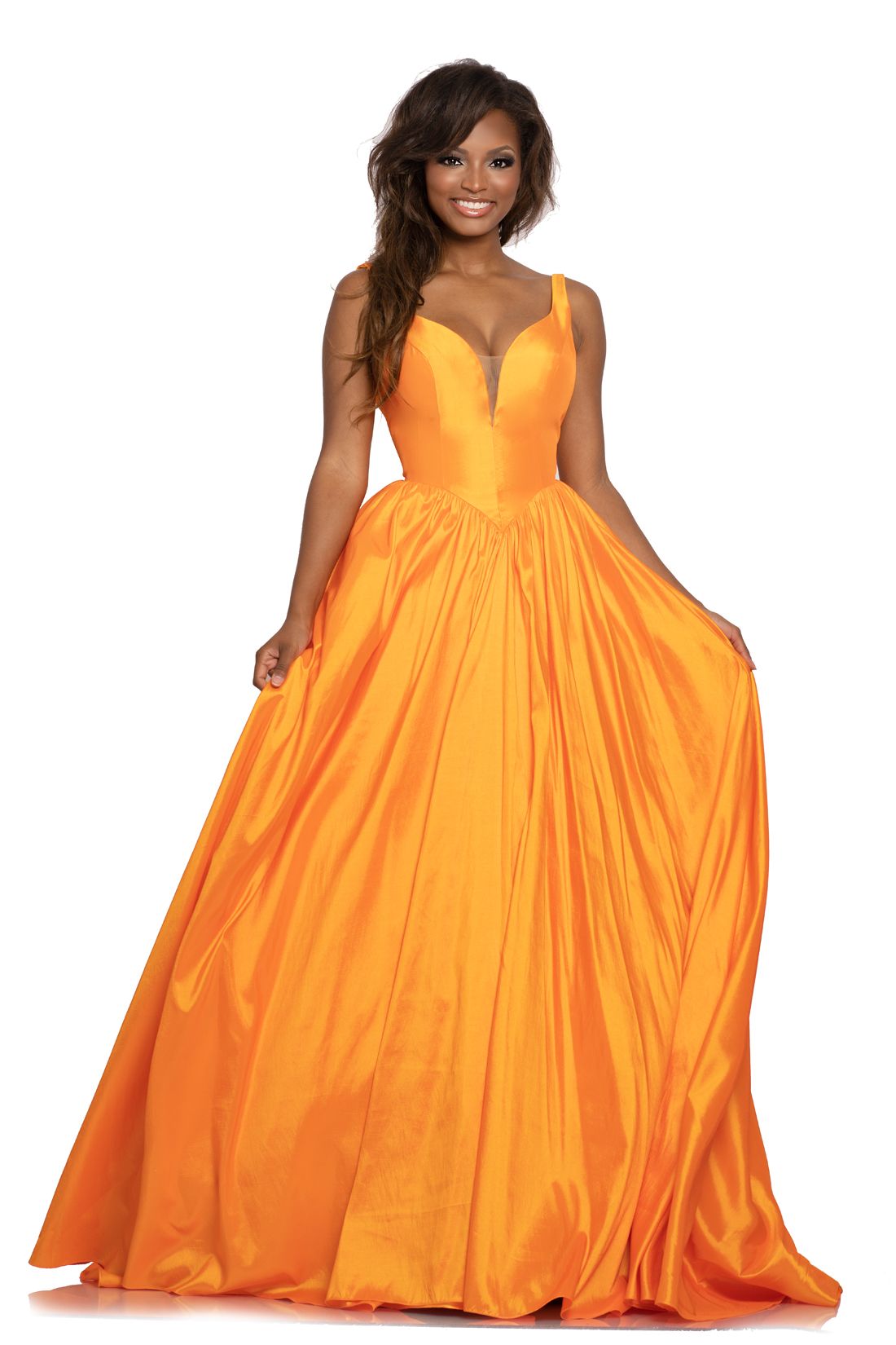 Johnathan Kayne 2225 Major Cinderella Vibes in this shimmery taffeta long A line prom dress.  This pageant gown features a plunging sweetheart neckline with mesh panel and v back.   Colors:  Bubblegum, Mandarin  Sizes  00, 0, 2, 4, 6, 8, 10, 12, 14, 16