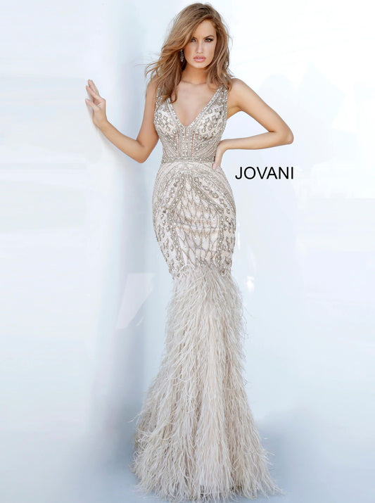 Jovani 02798 beaded v neckline fitted evening gown with mermaid feather skirt prom dress pageant gown Silver and multicolor beaded evening dress with a sleeveless fitted sheer bodice, v-neckline and low v-shaped back with hidden zipper. Floor-length form-fitting skirt with a feather trim mermaid shape end. Available colors:  Silver  Available sizes:  00-24 