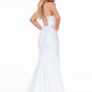 Ashley Lauren 11024 Sequin prom dress featuring a scoop neckline giving way to fitted skirt with train. The long mermaid pageant gown is complete with an open corset lace up back.  Colors AB Ivory, Neon Pink, Neon Orange, Neon Blue  Sizes  0, 2, 4, 6, 8, 10, 12, 14, 16  Lace Up Back Fitted Spaghetti Straps Sequin