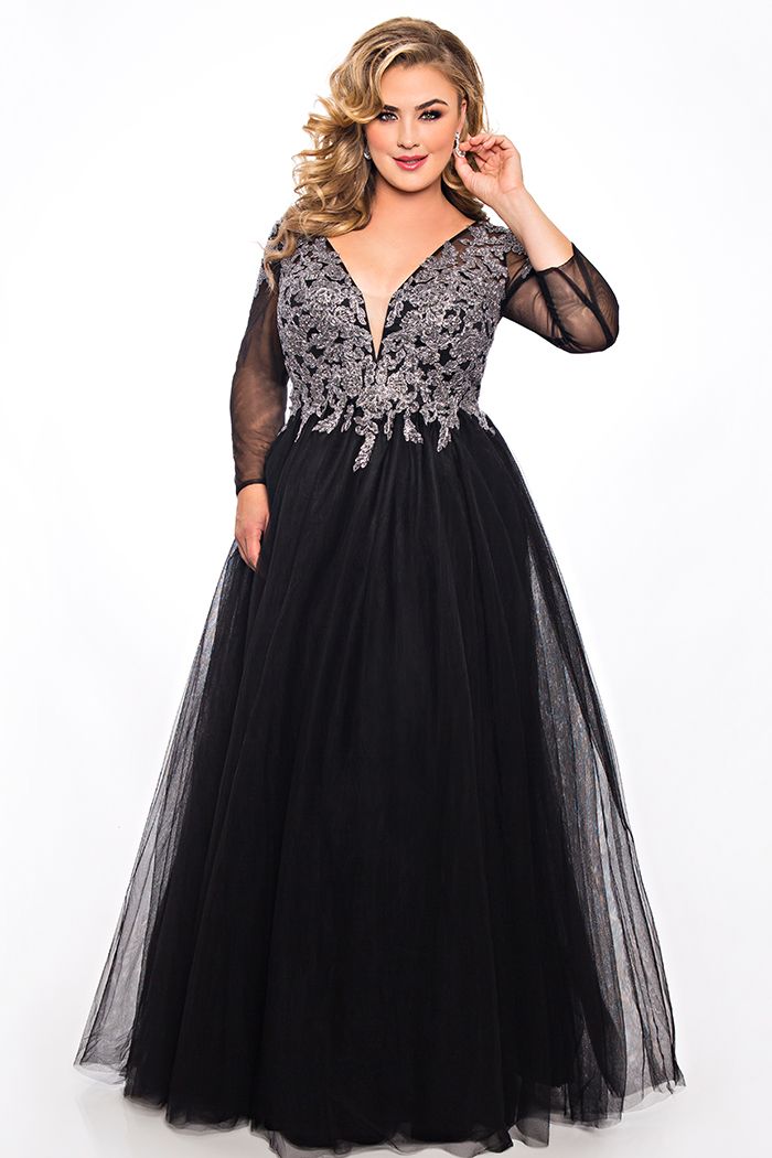 Sydney's Closet SC7299 sheer sleeves tulle prom dress ball gown Lace top and Sleeves