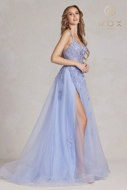 Nox Anabel G1149 A Line Sheer Lace Maxi Slit Prom Dress Backless Corset Formal Gown plunging mesh V-neckline. The fitted bodice is embellished with lace and rhinestone appliques. The sleeveless design is enhanced by the spaghetti straps placed firmly on the shoulders. The natural waistline acts in accordance with the full-length A-line tulle skirt that has a thigh-high slit.  Sizes: 00-16  Colors: Mauve, Periwinkle, Sage Green