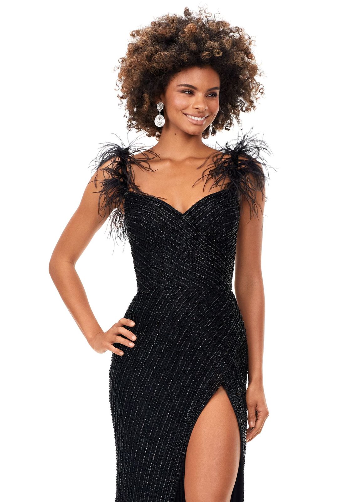 Ashley Lauren 11367 Fully Beaded Gown with Feather Straps