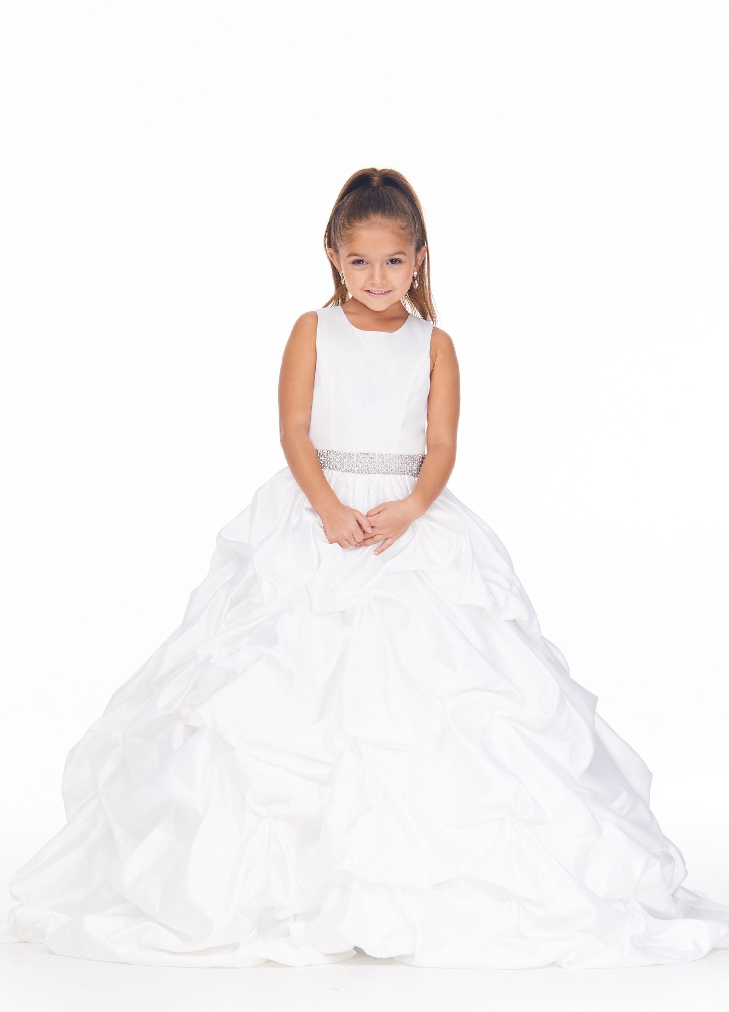 Ashley Lauren 8036 The perfect princess dress is here! This girls and preteens crew neckline pageant gown features a crystal belt at the waist and a full pick-up ball gown skirt.  Colors Ivory, Sky  Sizes  2, 4, 6, 8, 10, 12, 14   A-Line Crystal Beaded Belt Crew Neckline Pickup Skirt