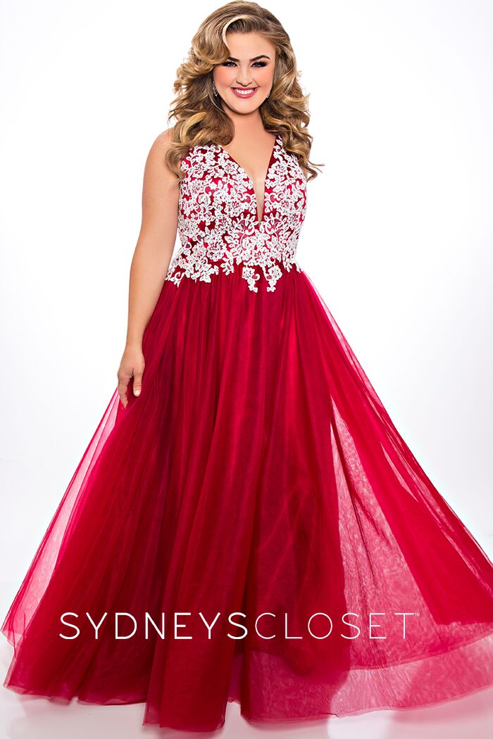 Sydney's Closet SC7291 V neckline lace bodice tulle ball gown prom dress corset formal