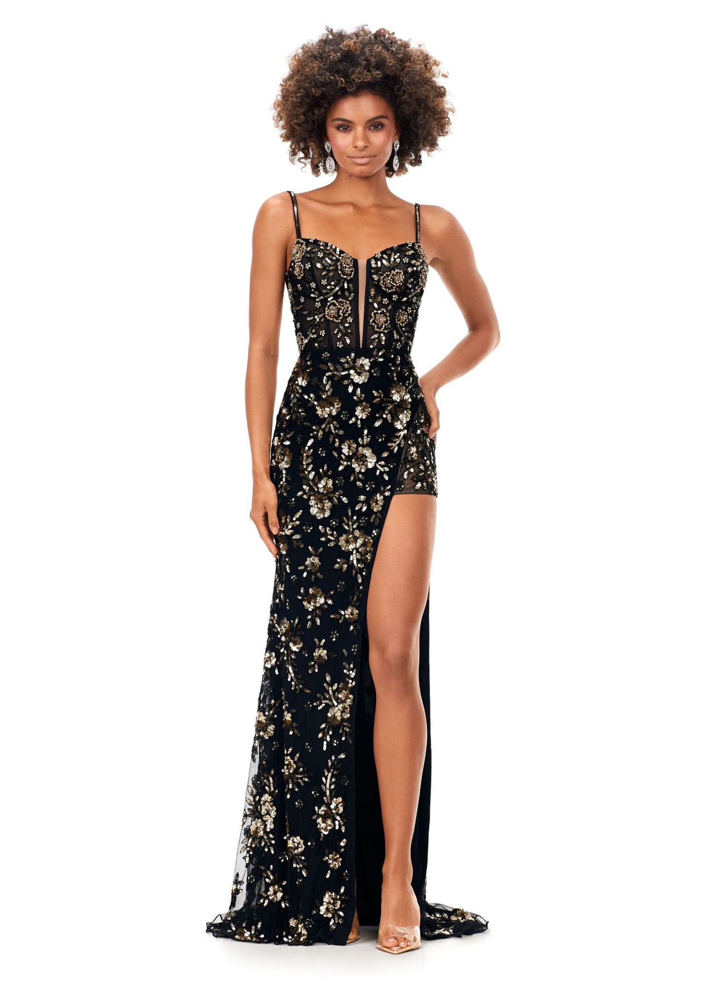 Ashley Lauren 11360 This floral beaded gown features a corset bustier with plunging v-neckline. The look is complete with a fitted skirt with high left leg slit. Sweetheart Neckline Corset Bustier Lace Up Back Left Leg Slit COLORS: Ivory, Blush, Gold/Black, Peacock, Fuchsia/Red