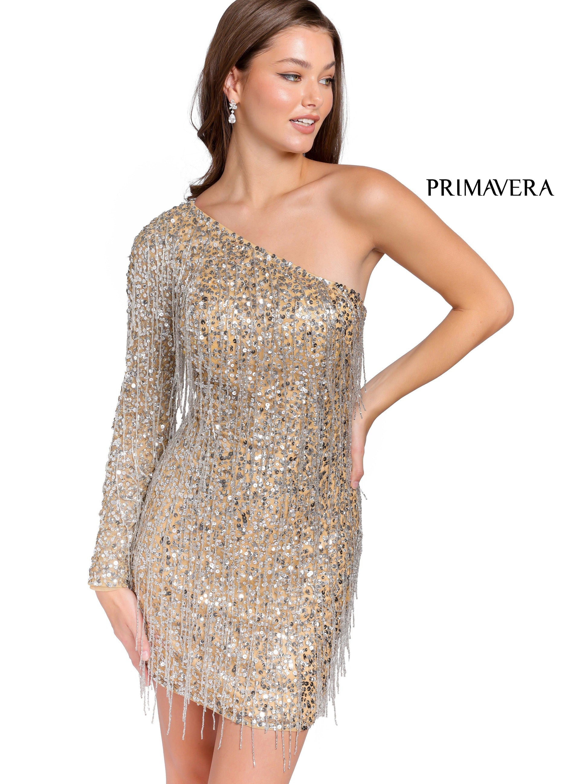 Primavera Couture 3858 Short 2022 Homecoming dress Fitted sequin beaded short cocktail dress  Available Color- Nude Silver  Available Size- 0
