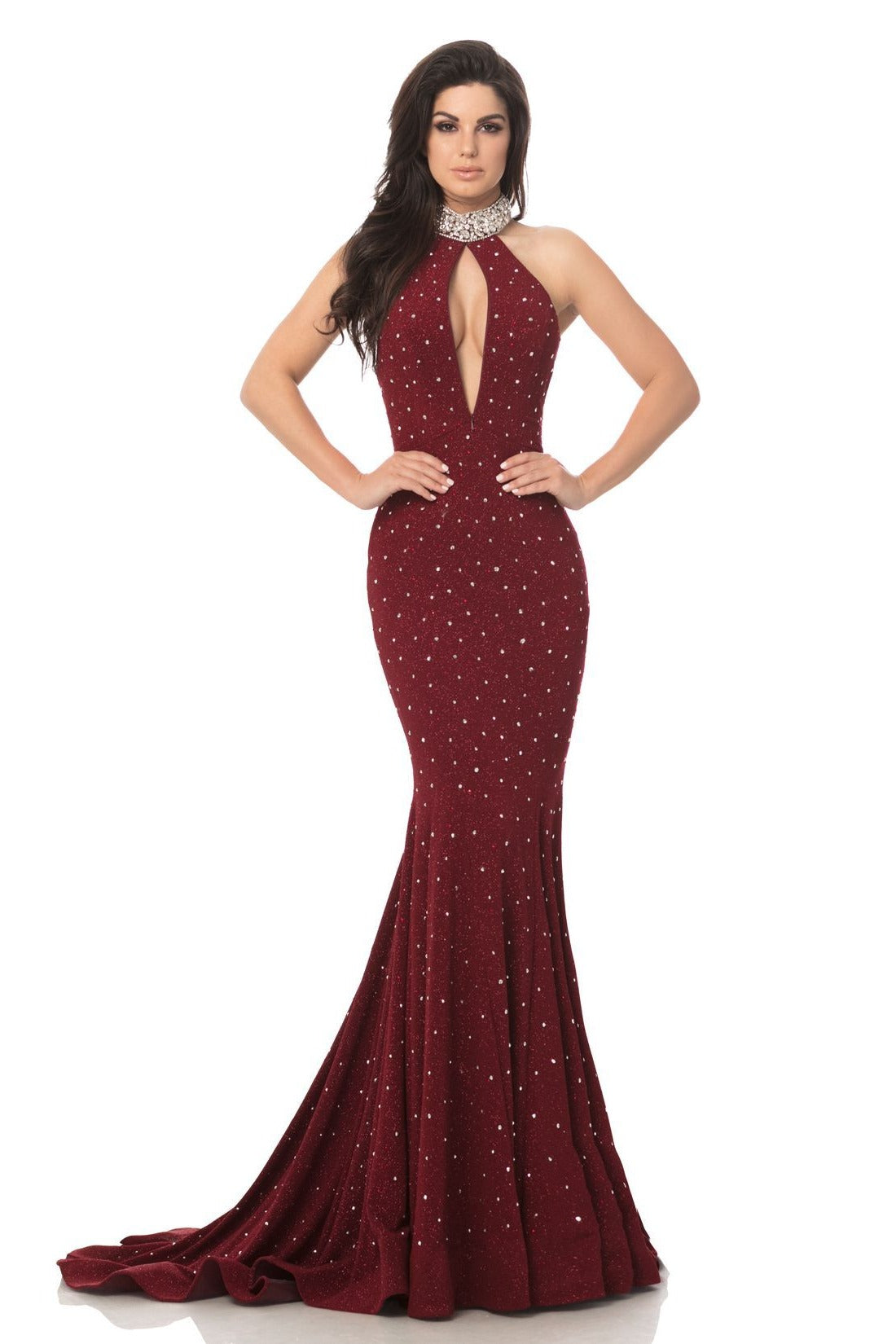 Johnathan Kayne 8235 is a choker neckline Prom Dress, Pageant Gown & formal evening Wear. CONVERTIBLE NECKLINE!  Red carpet glam, this choker neckline is encrusted with hand beaded crystals and stones rain down the silhouette of this glitter stretch knit halter mermaid gown. The neckline features an invisible zipper that allows you to choose a neckline.