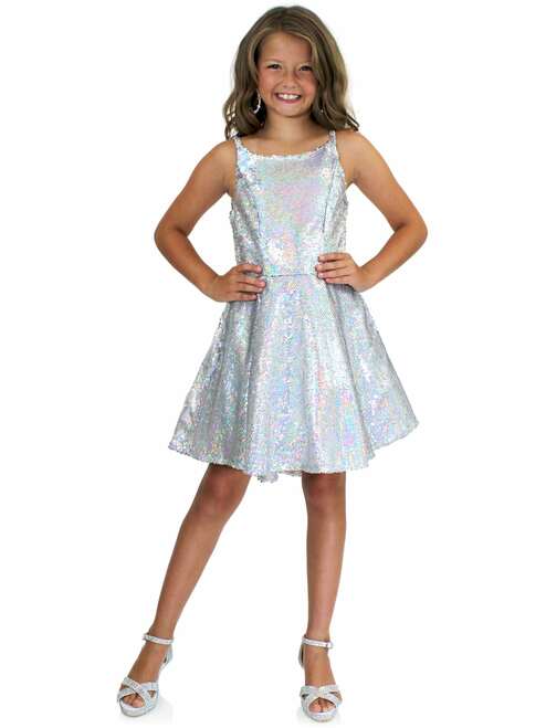 Marc Defang 5013 Short Sequin Fun Fashion Girls Pageant Dress Interview   Fun fashion, opening number dress Holographic sequins material  fully beaded Asymmetrical cut hems  Center back invisible zipper Fully lined dress Available Sizes: 8  Available Colors: Silver