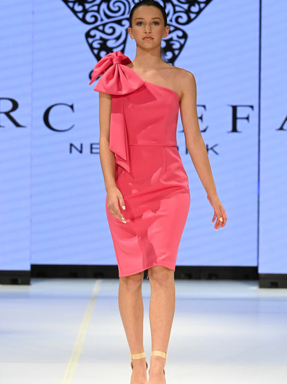 Marc Defang 8163 Hot Pink Pageant Interview Dress short tea length one shoulder cocktail dress. scuba material with bow on shoulder.  Size: 4  Color: hot pink