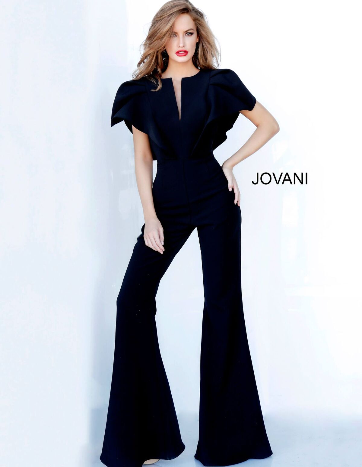 Jovani 00762 ruffle sleeve top with v neckline bell bottoms jumpsuit ruffle top bell bottoms jumpsuit Pageant Skinny V Neck Suit Couture  Available colors:  Black, Fuchsia, Ivory, Navy, Red, Tangerine, Turquoise  Available sizes:  00-24 