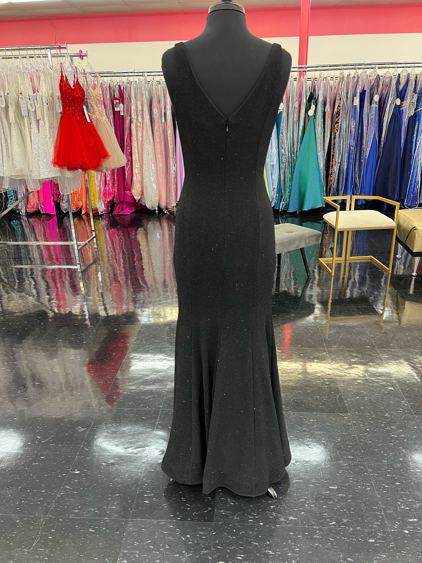 Jolene Collection 19049 Size 10 Black Glitter Jersey Fitted Mermaid Prom Dress Plunging Neck 2020