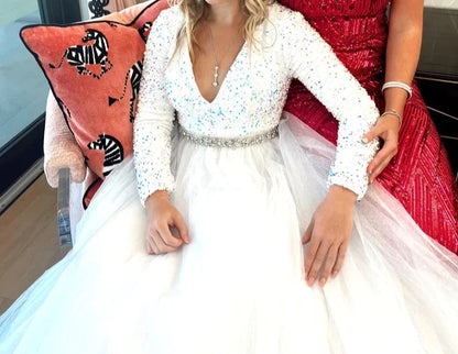 Ava Presley 38332 Size 2 Pink Long Sleeve Velvet Sequin Shimmer A Line Ballgown Prom Dress Pageant Gown