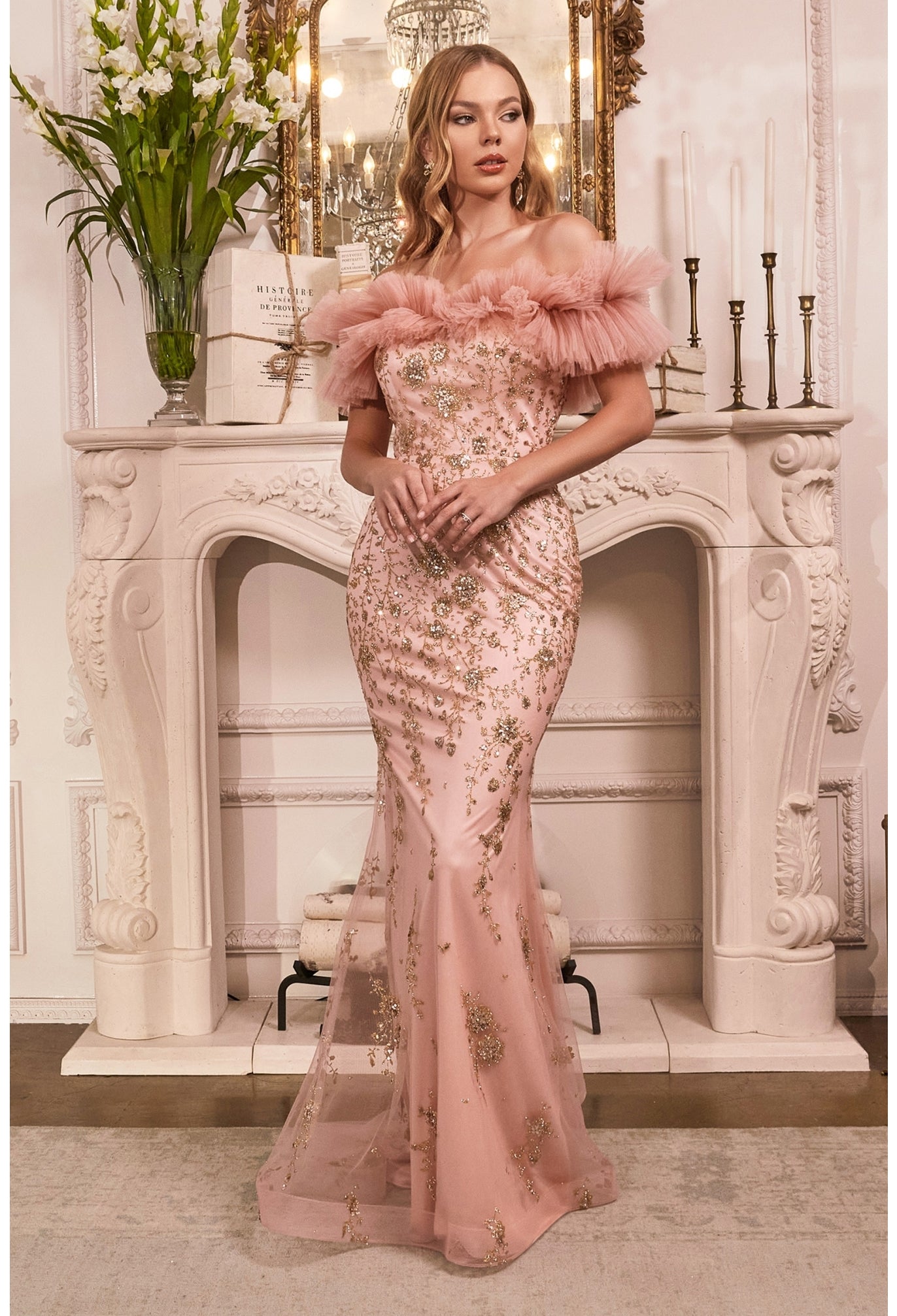 Ladivine J818 Size 4 Rose Gold Long Fitted Glitter Pleated off the Shoulder Formal Evening Gown Couture