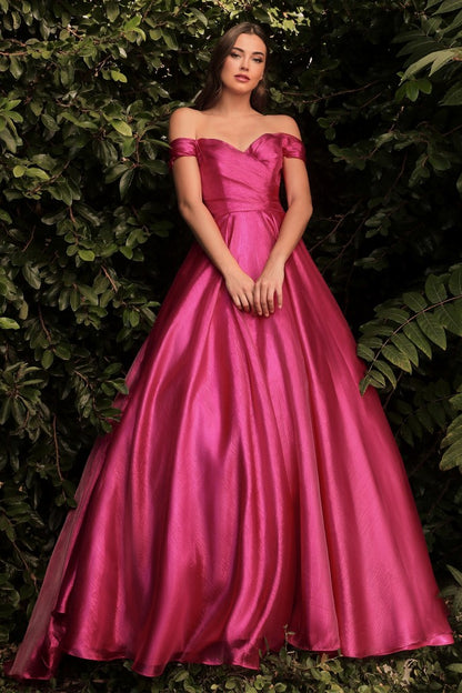 CD 822 Size 2 Fuchsia Ballgown off the Shoulder Formal Pageant Dress Prom Gown This modern ball gown delivers simple sophistication. With an off the shoulder neckline the sweetheart cut has a fitted pleated bodice and full layered skirt. The metallic organza fabrication captures light illuminating the dress.  Size: 2  Color: Fuchsia