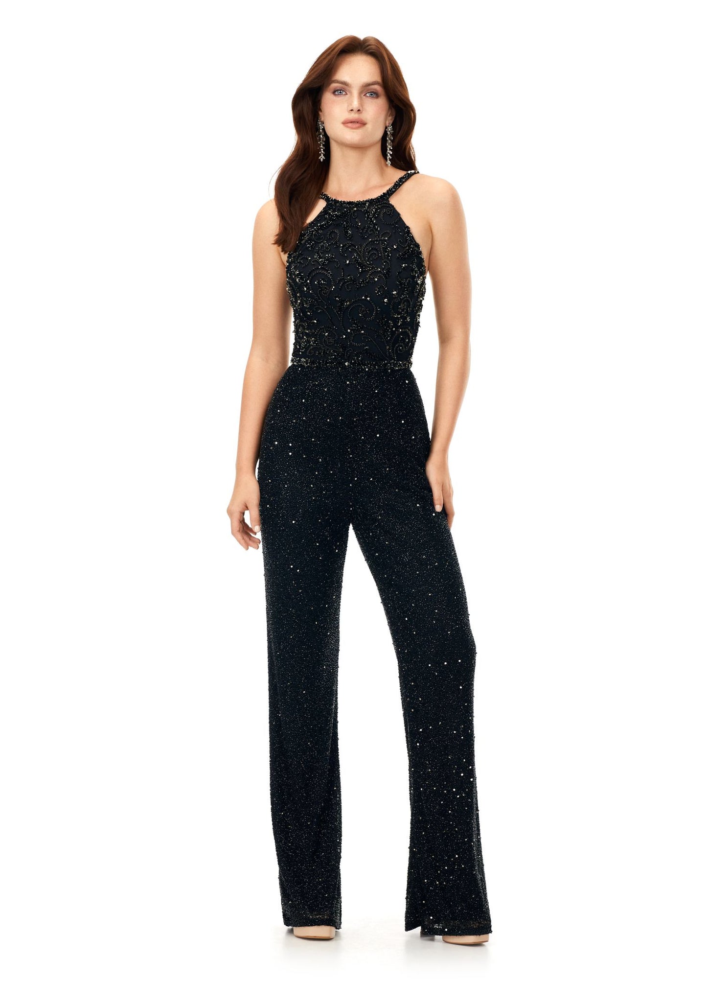 Ashley Lauren 11339 This unique halter style jumpsuit features an intricately beaded bodice, open back and wide leg pants. Halter Neckline Open Back Wide Leg Pants Fully Hand Beaded COLORS: Black, Ivory, Lilac