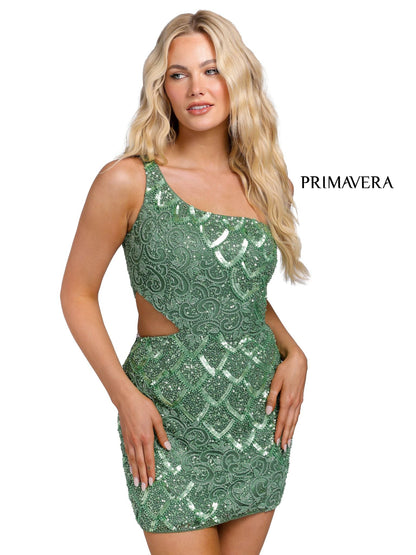 Primavera Couture 3504 Cocktail Dress Glass Slipper Formals Lake City Florida  Wow everyone at the party with this short homecoming dress.  The beaded sequins fitted dress has scallop details, it is one shoulder with a cutout on the side.  Colors: Black, Bright Blue, Ivory, Emerald, Gold, Light Turquoise, Neon Coral, Neon Lilac, Neon Pink, Orange, Pewter, Pink, Purple, Raspberry, Red, Royal Blue, Sage Green, Yellow  Sizes:  00, 0, 2, 4, 6, 8, 10, 12, 14, 16, 18