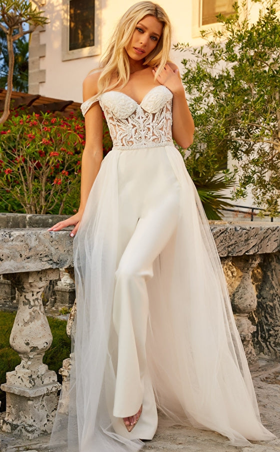 Jovani Bridal JB06507 Sheer Off the Shoulder Wedding Dress Jumpsuit  Overskirt Beaded Bridal