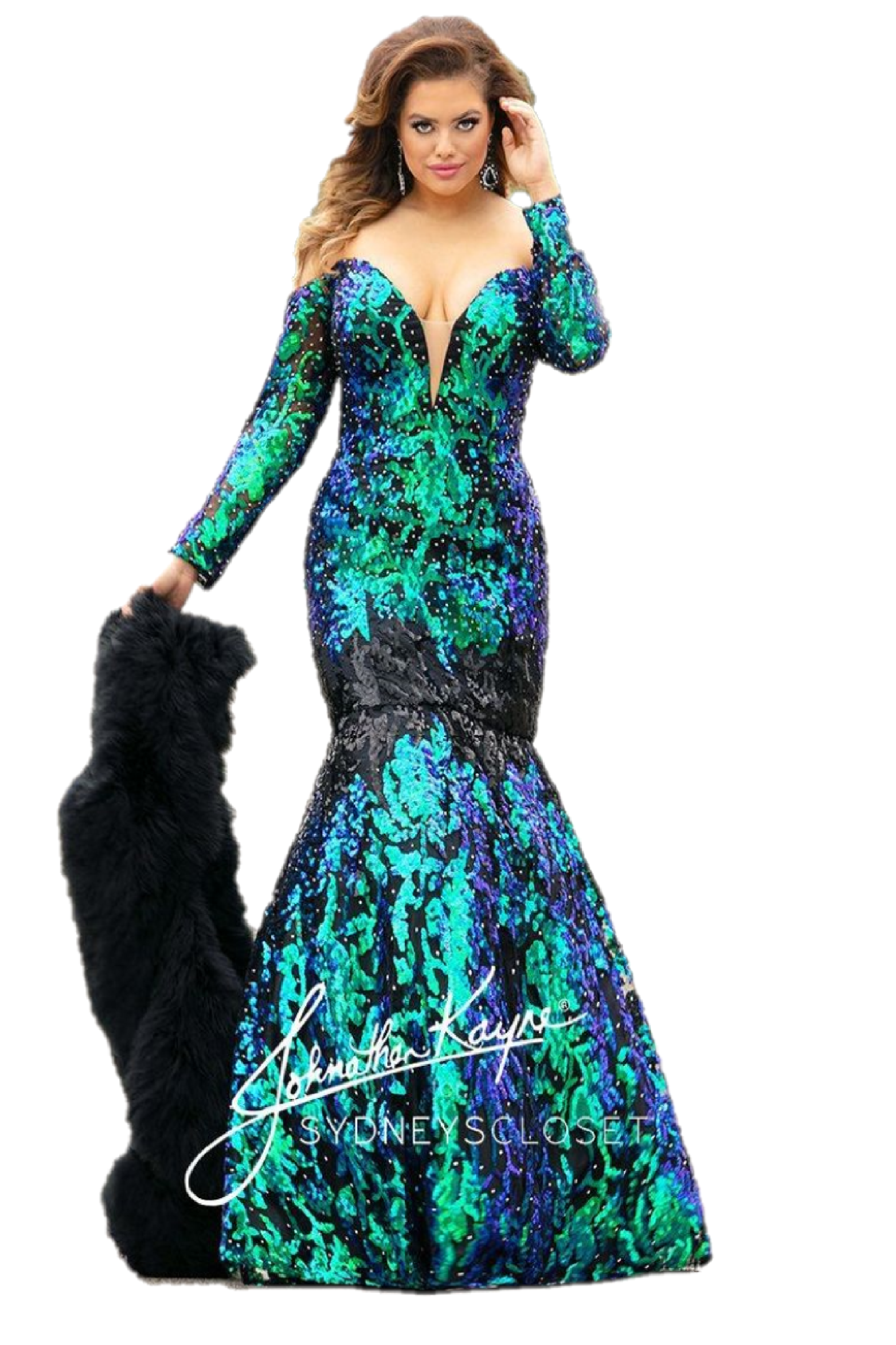 Johnathan Kayne for Sydneys Closet JK2010 Cobra off the shoulder long sleeves plunging neckline mermaid plus size prom dress with corset back embellished with stones. Long Sequin Mermaid Pageant Gown. Sexy Plunging Neckline with sheer embellished off the shoulder long sleeves. Stunning Multi Sequin pattern. Lace up corset back closure for a perfect & Accentuating fit!  Available colors:  Emerald Isle JK 2010