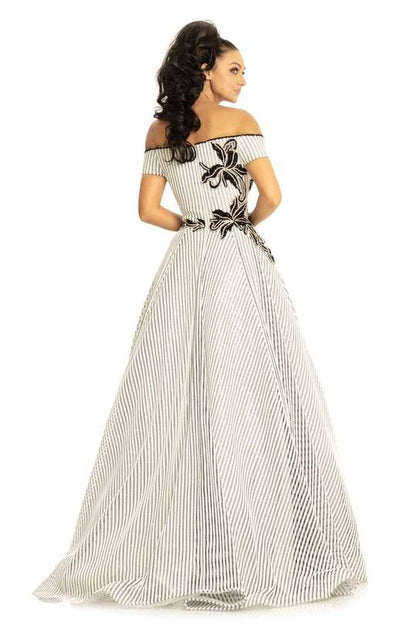Johnathan Kayne 9048 Size 6 Ballgown Black and White Stripes off the shoulder sleeves formal dress